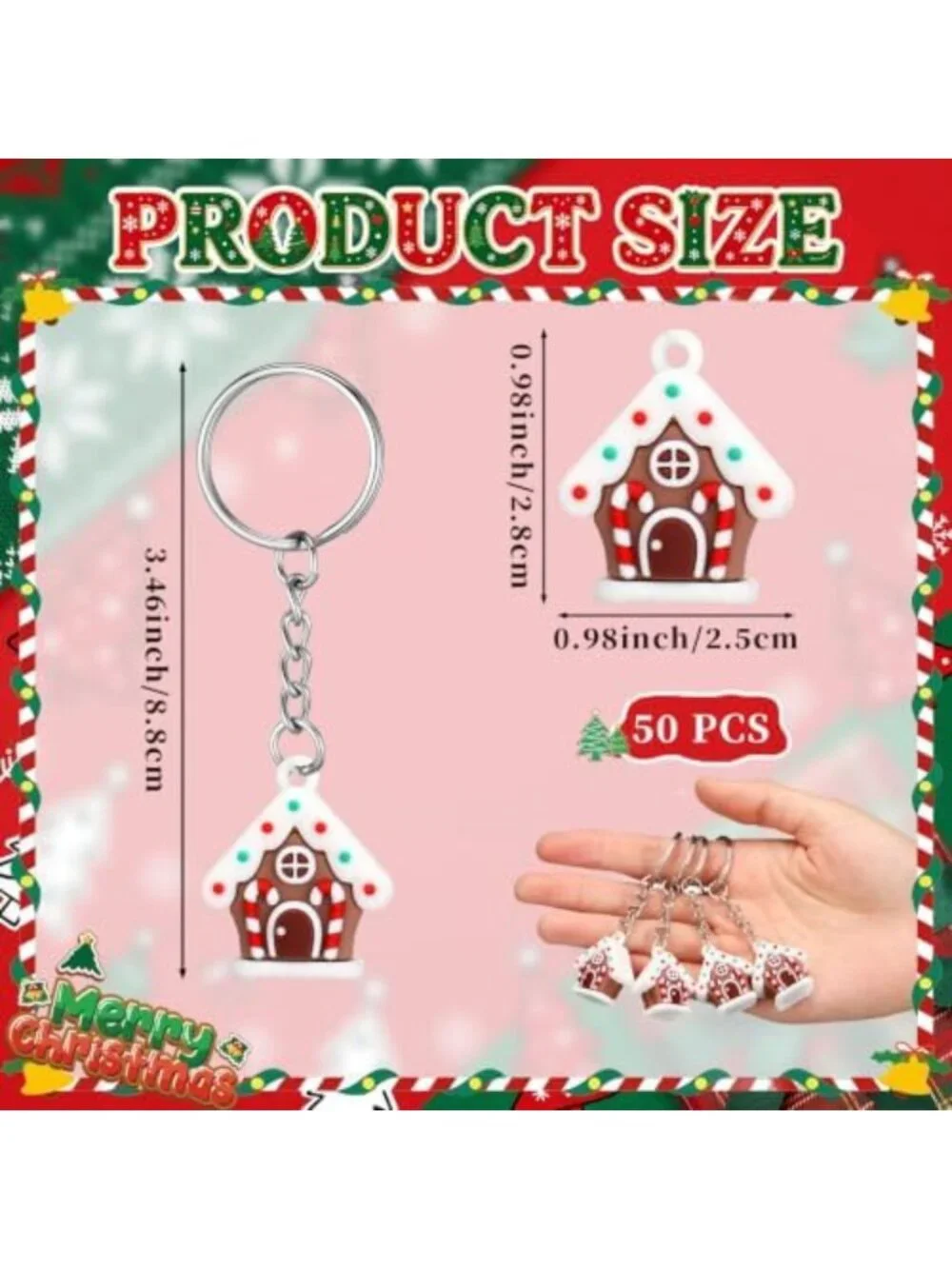 50 Pcs Christmas Gingerbread House Keychains & Candy Cane Keyrings - Bulk Set
